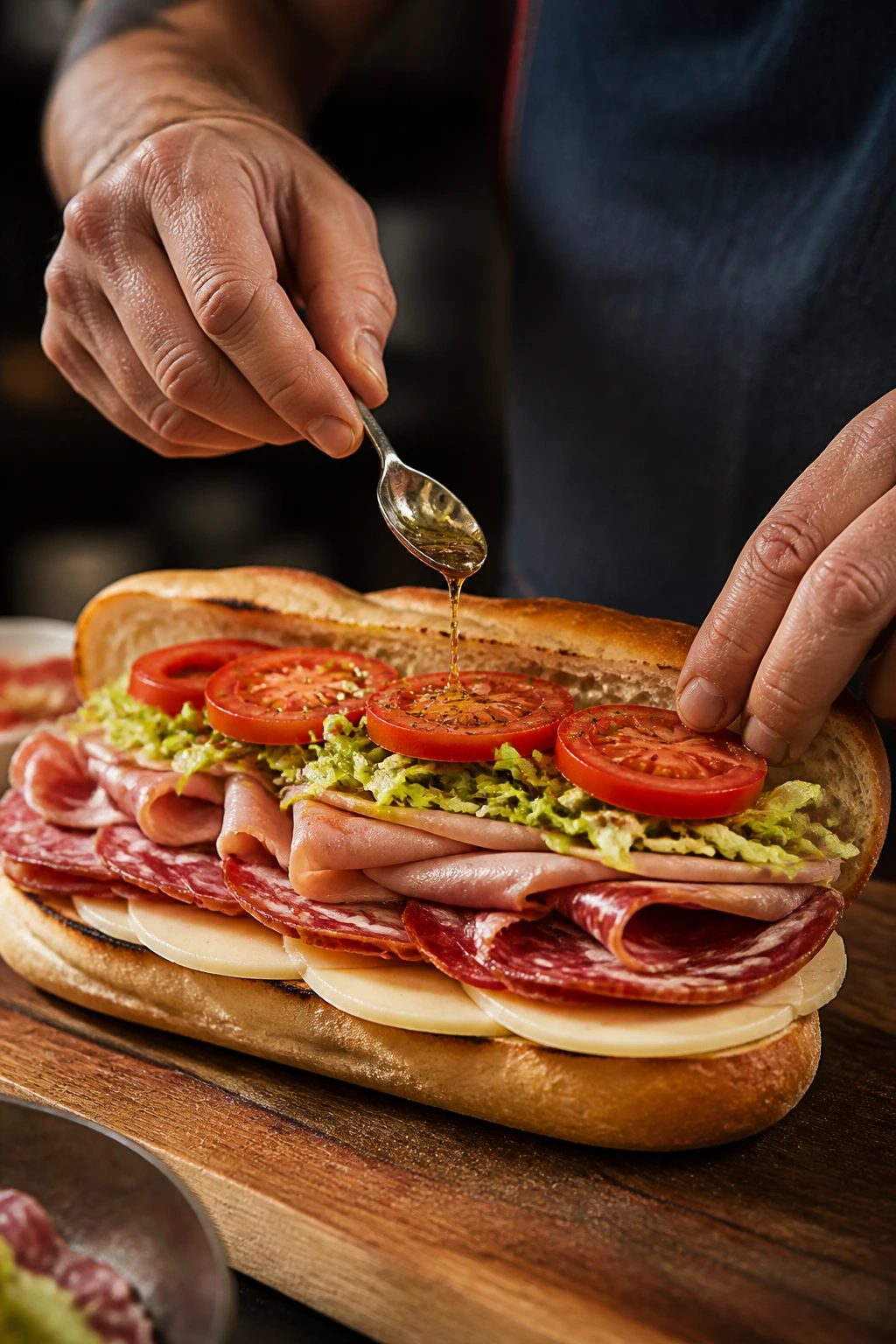 Hands assembling an Italian sub with visible layers