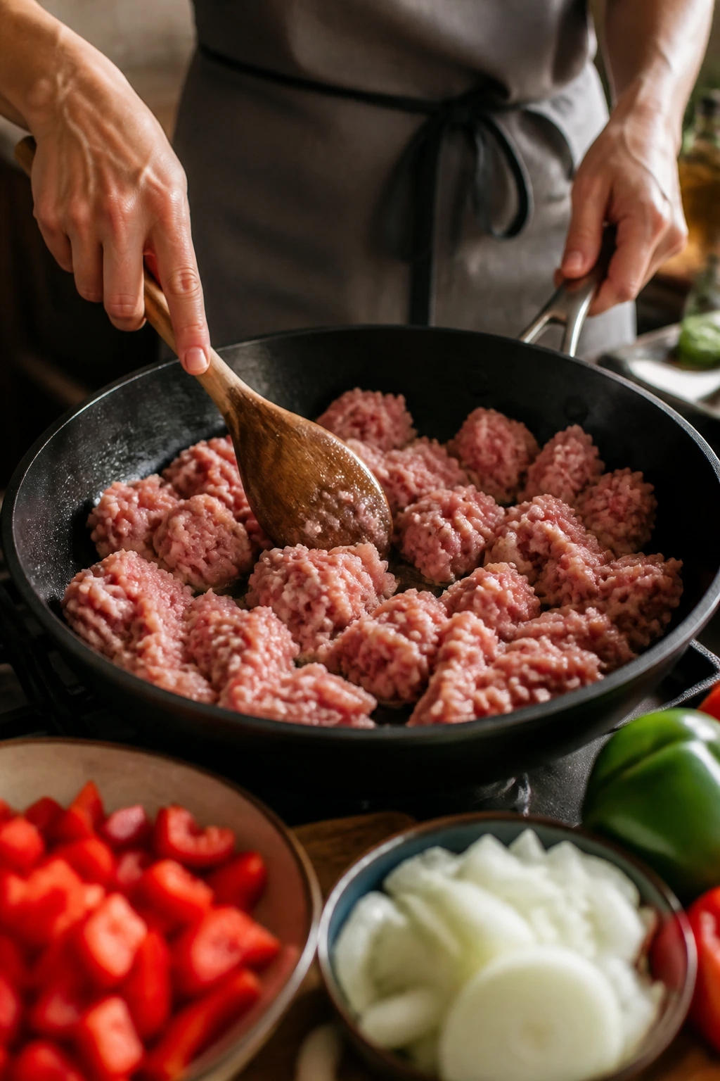 Close-up of a real cook's hands breaking cold turkey into chunks in a hot skillet