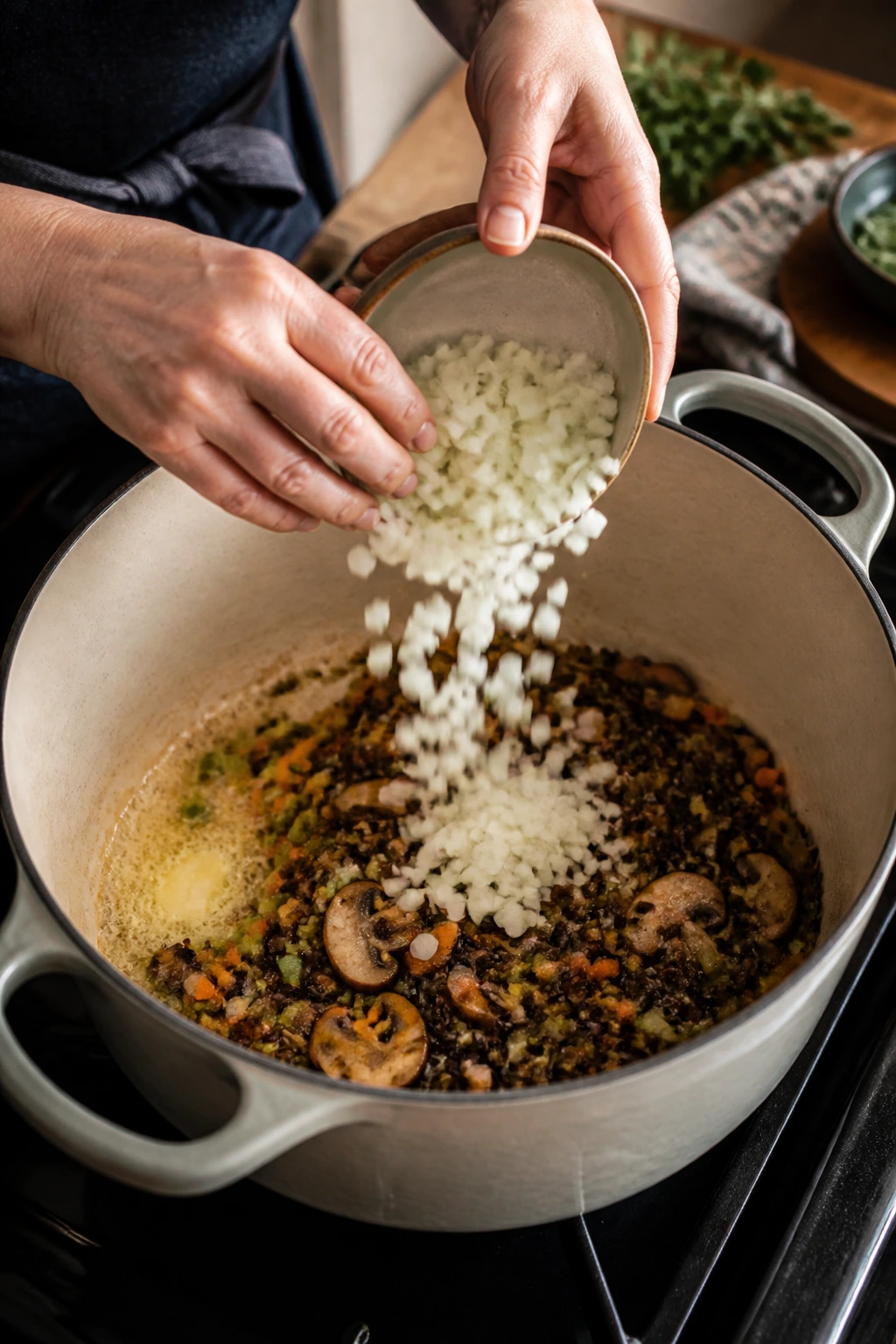 Hands adding ingredients to a pot during step-by-step cooking