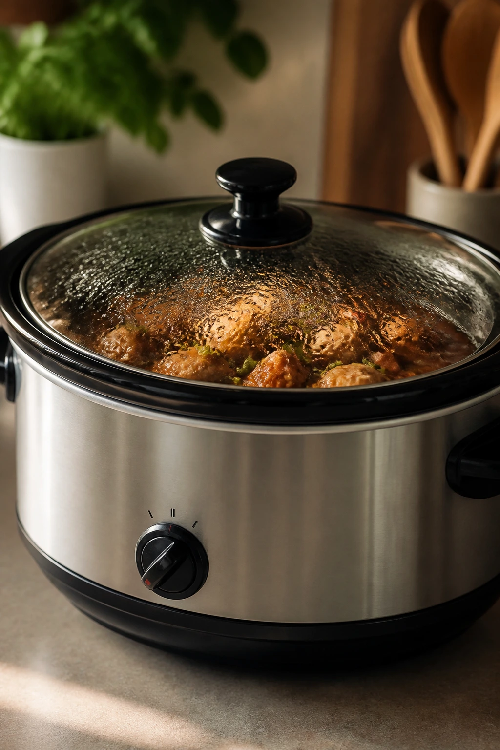 Slow cooker on kitchen counter with lid on to illustrate hands-off cooking