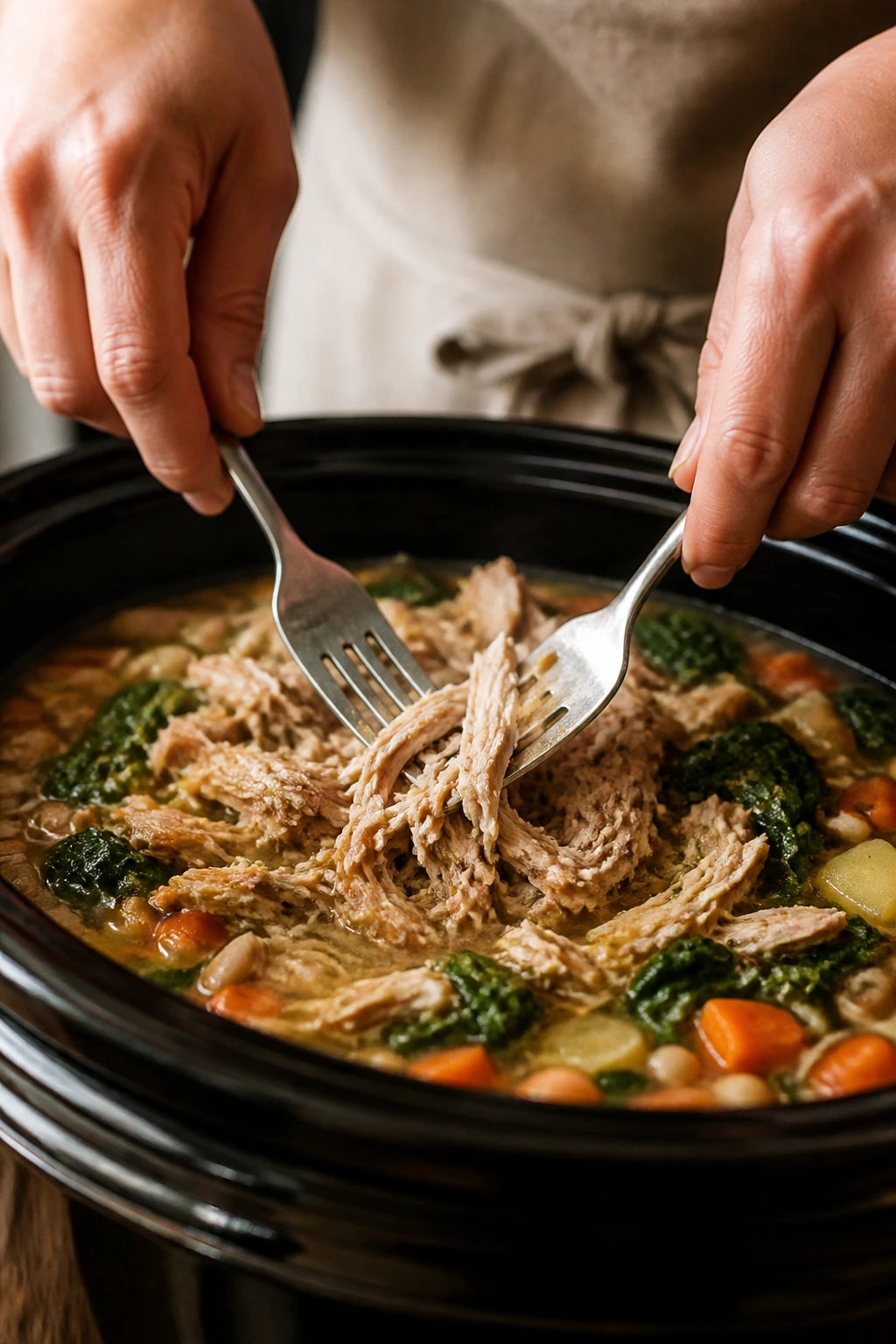 Hands shredding chicken over crockpot to finish the soup