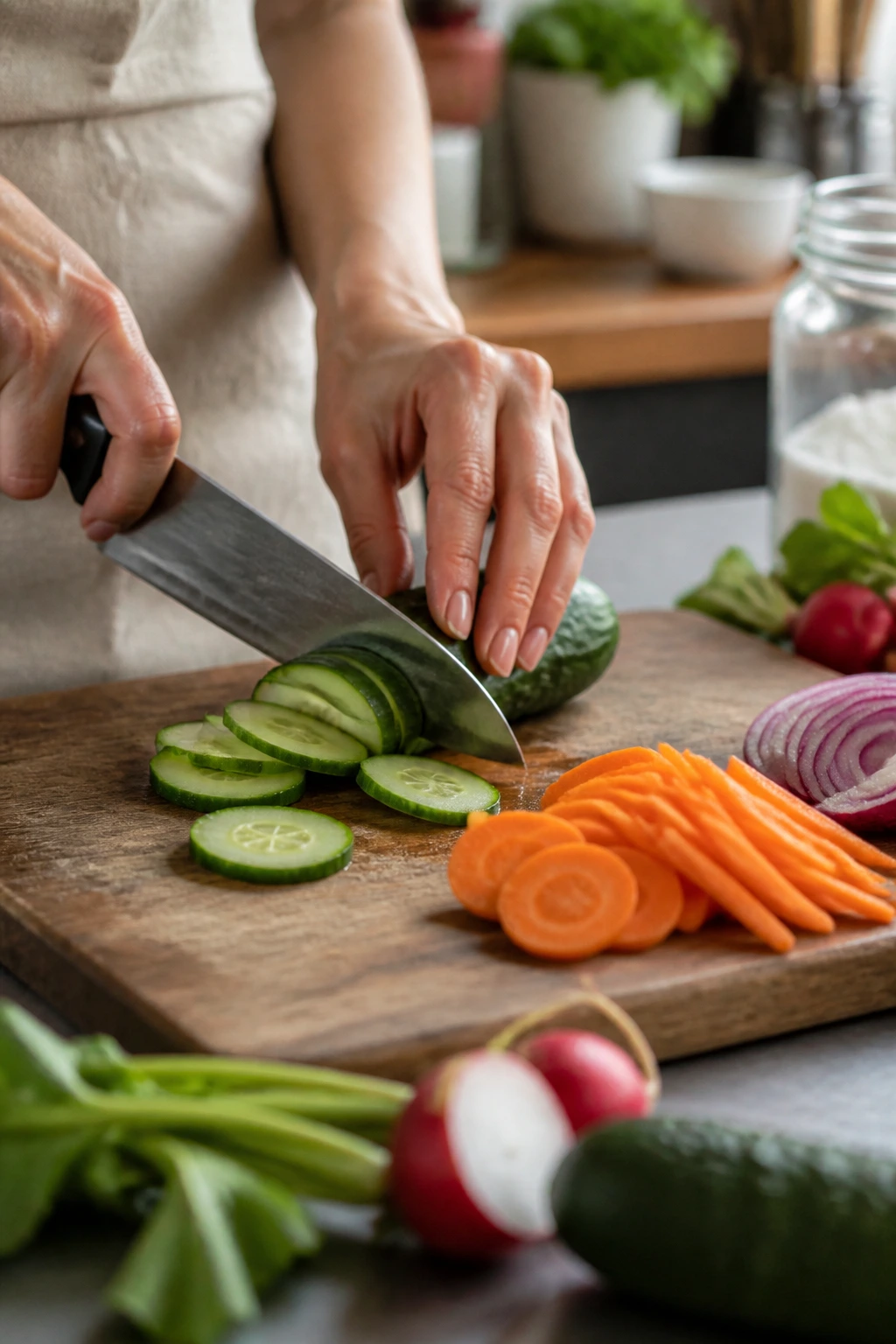 Hands slicing vegetables on a cutting board for quick pickles