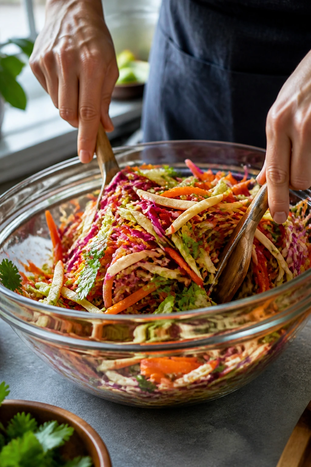 Hands tossing a bowl of Asian slaw in a bright kitchen