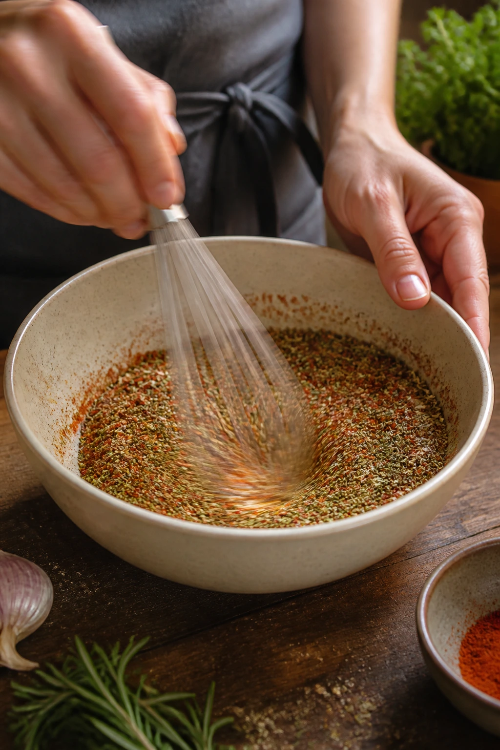 Hands whisking a spice blend in a bowl