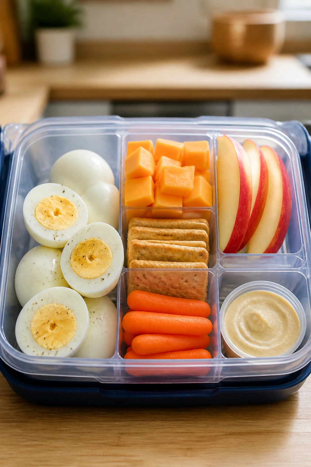 Close-up of a lunchbox with hard-boiled eggs, cheese, fruit, crackers and veggies