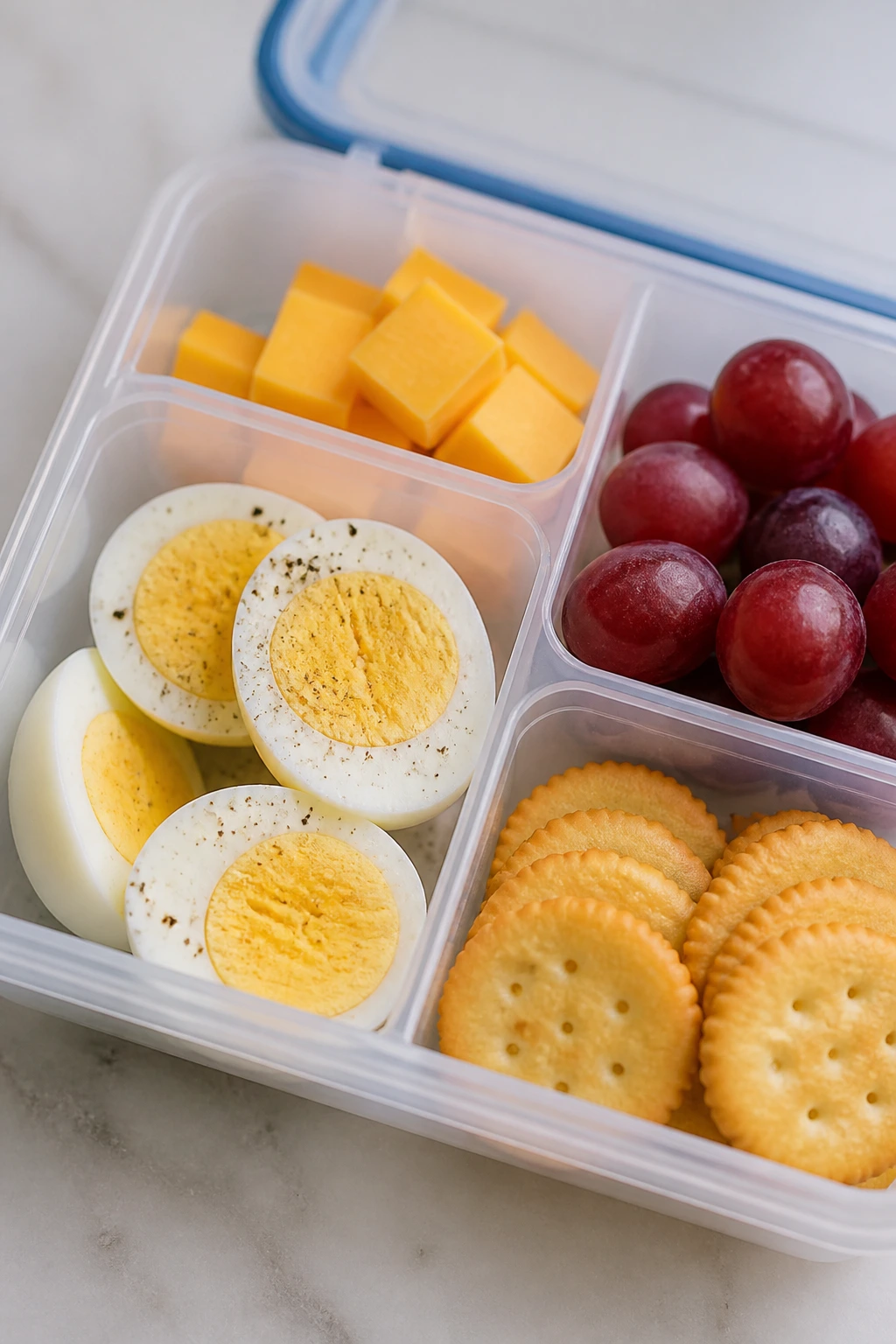 Open snack box with hard-boiled eggs, cheese, grapes and crackers on a bright counter