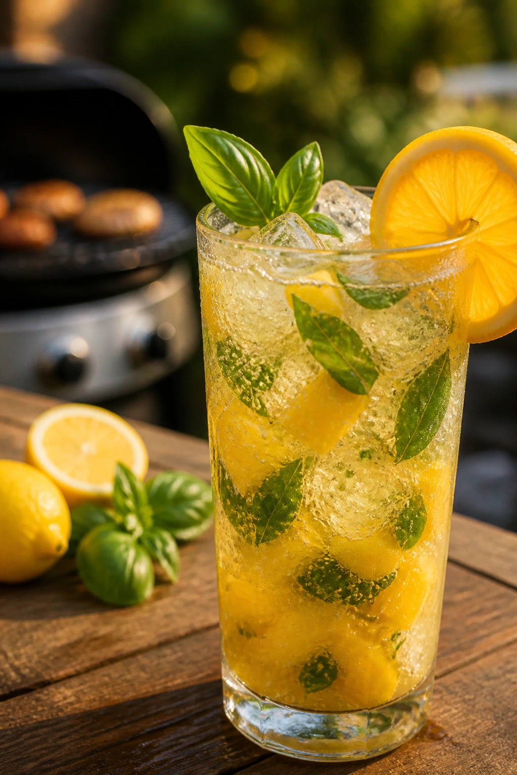 Close-up of Citrus Hard Seltzer Smash in a tall glass with muddled citrus and basil on a sunny patio