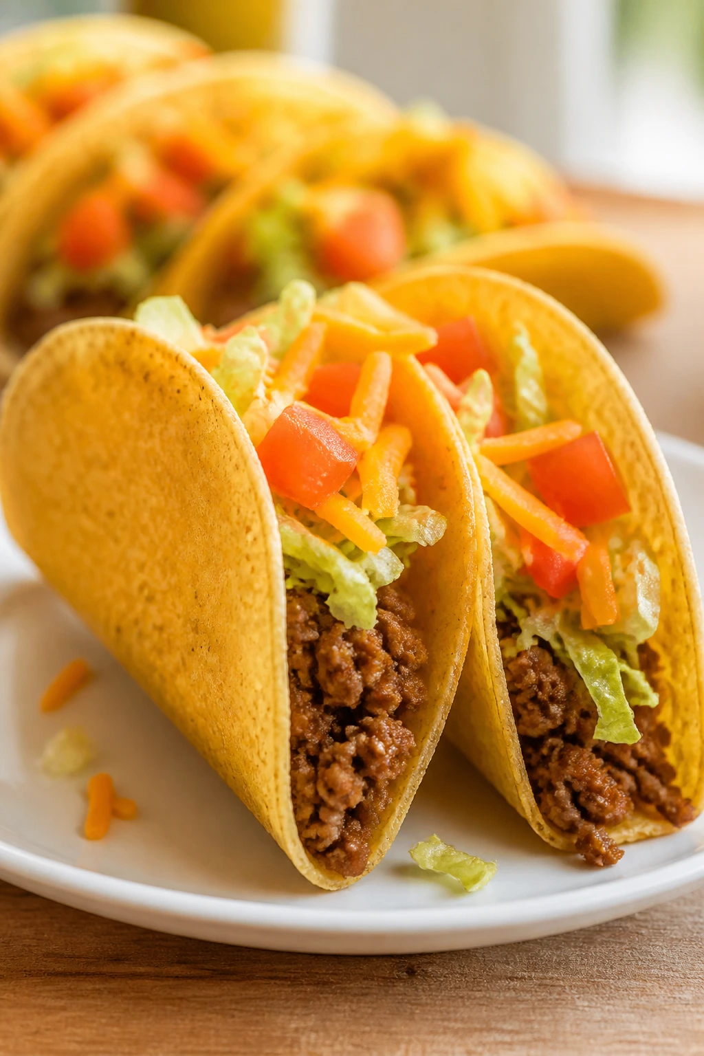 Close-up of classic hard-shell tacos with beef and toppings