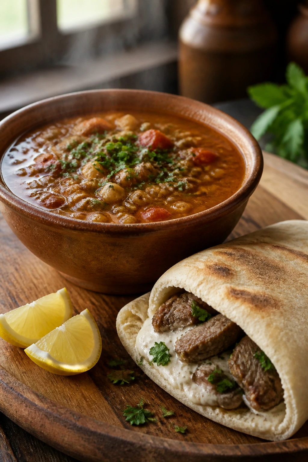 Steaming harira soup with lamb pita pockets on a rustic table