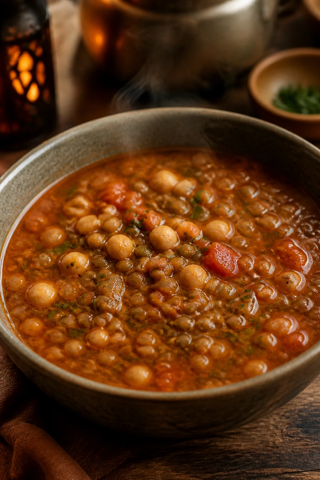 Close-up of Harira soup with lentils and chickpeas in a deep bowl