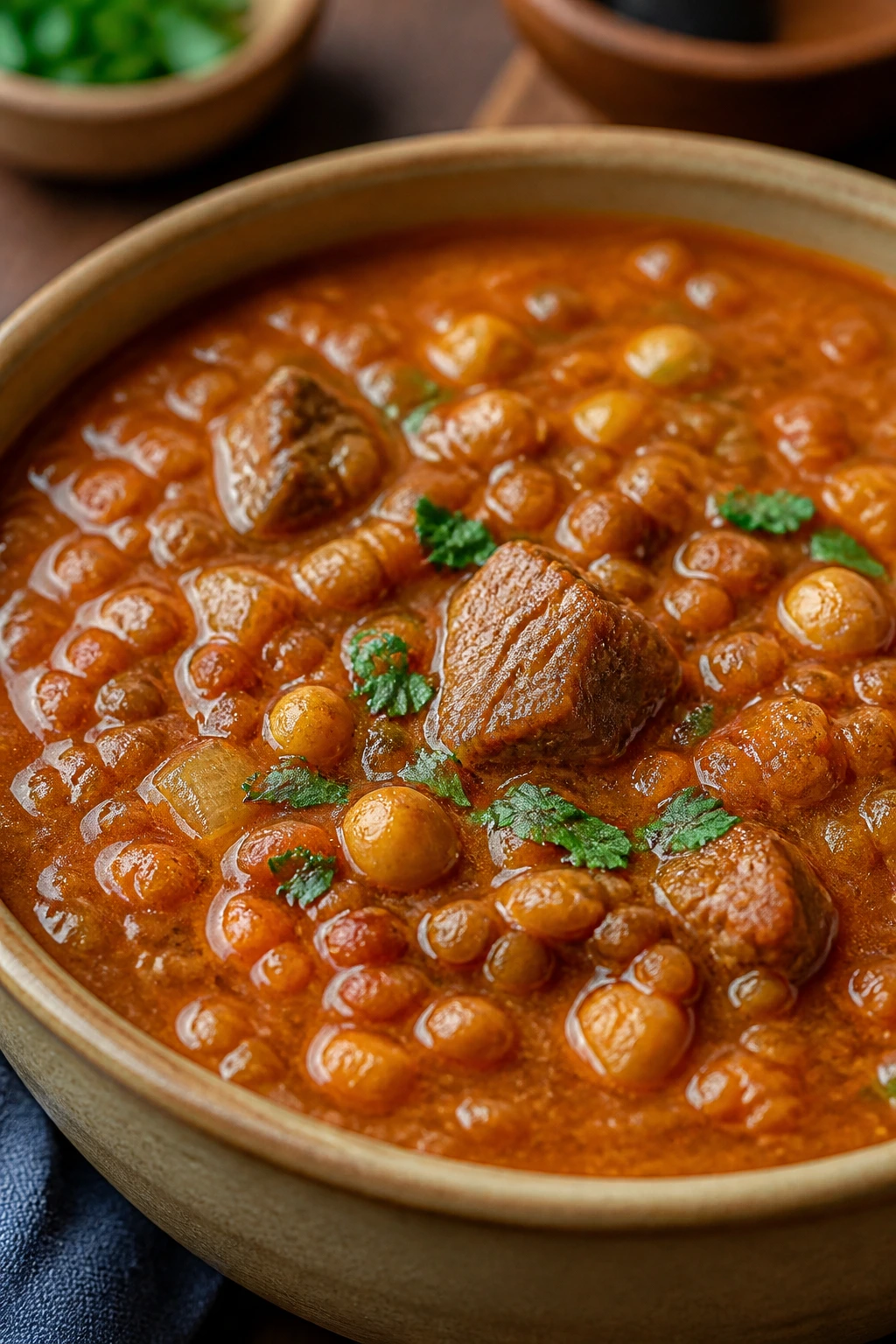 Close-up of Harira soup with lamb, chickpeas, and lentils in a bowl