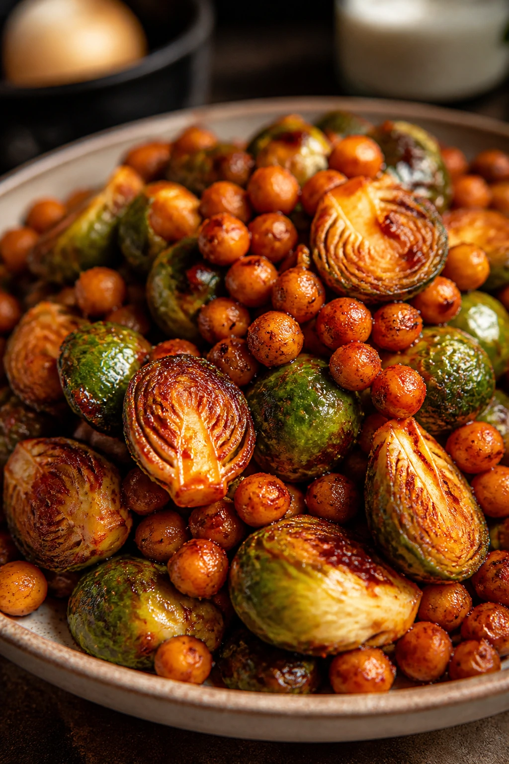 Close-up of harissa-coated Brussels sprouts and chickpeas on a plate