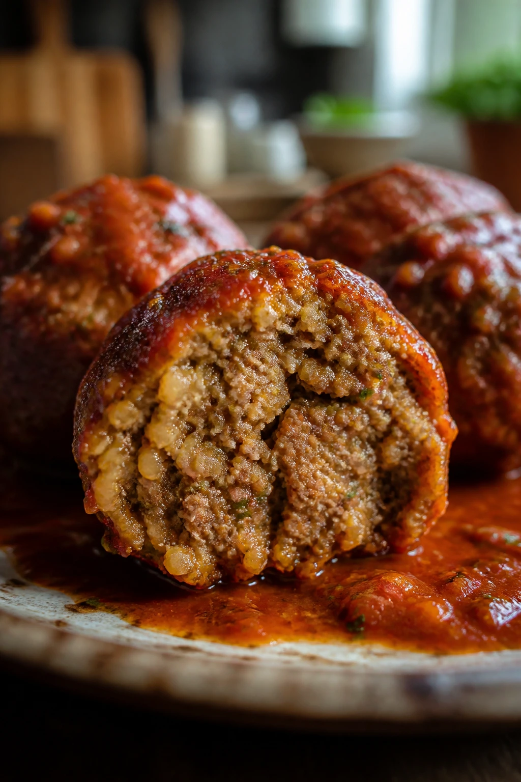 Cross-section harissa bulgur meatball on a rustic plate