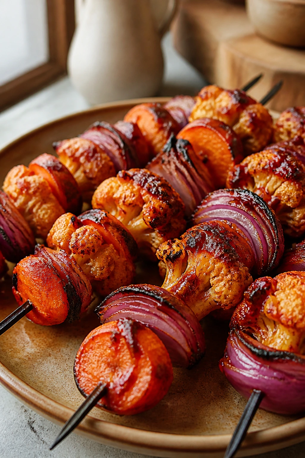 Harissa-glazed carrot and cauliflower skewers with red onion
