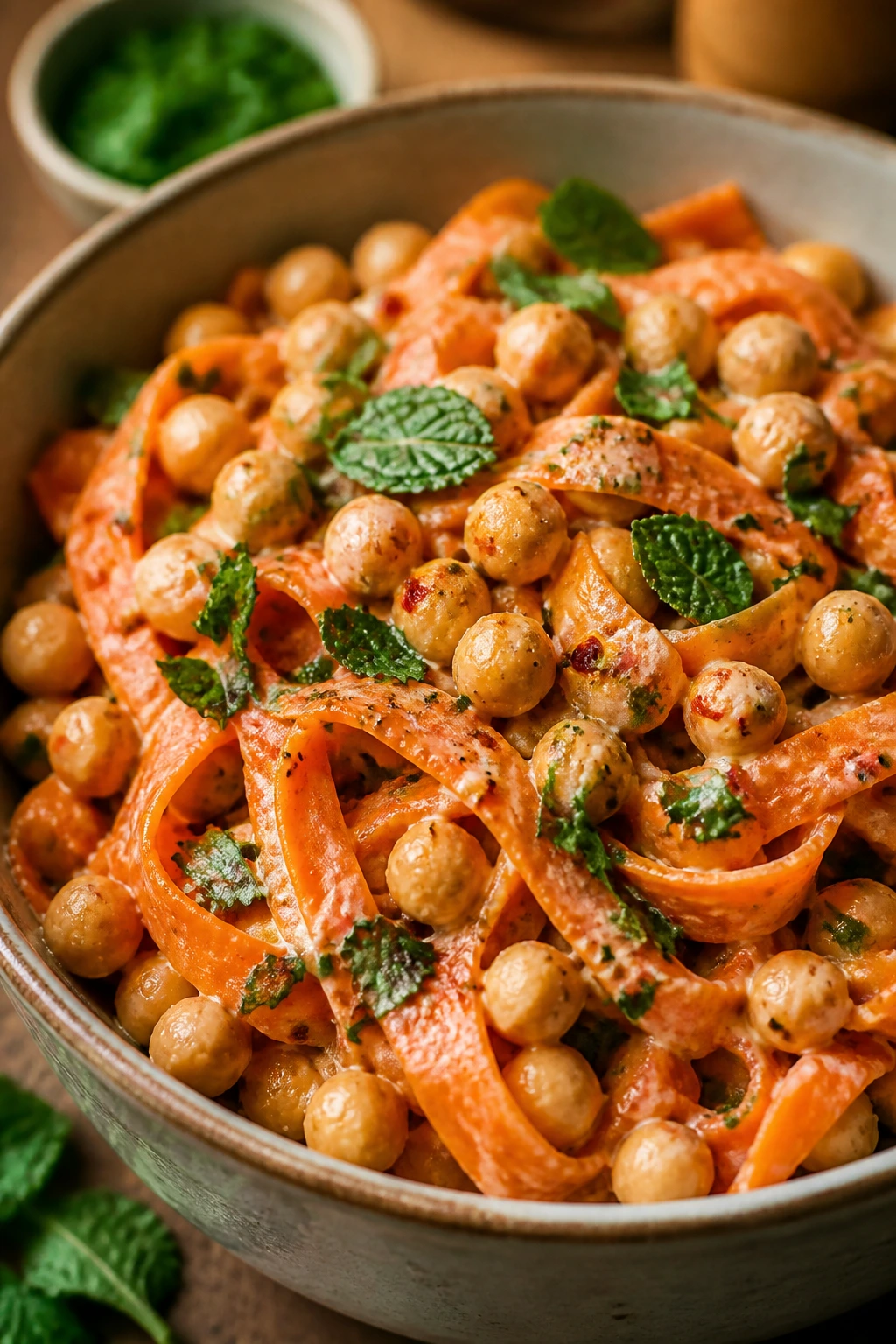 Close-up of Harissa Chickpea Carrot Salad with carrot ribbons and chickpeas.