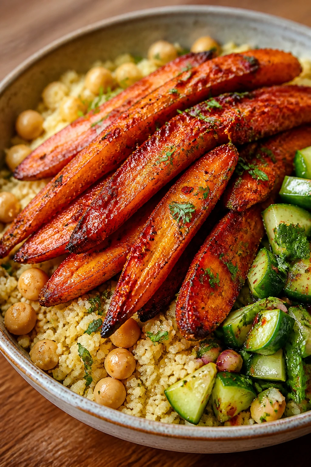 Close-up of harissa roasted carrot couscous bowl