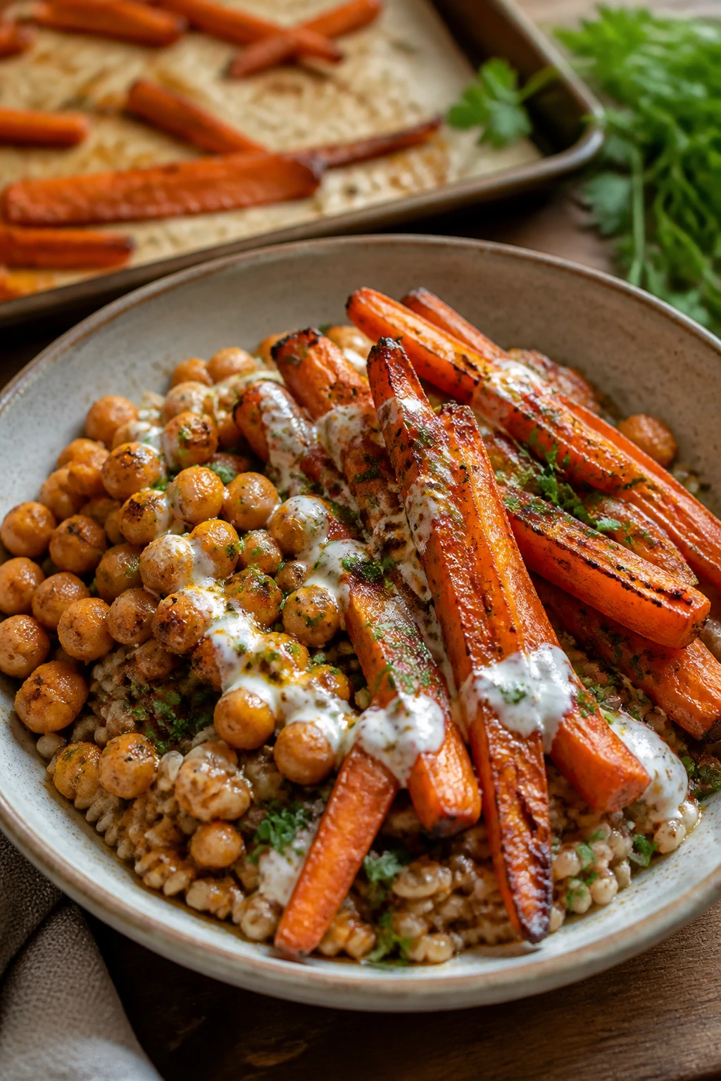 Close-up of Harissa Roasted Carrot and Farro Bowl with yogurt drizzle