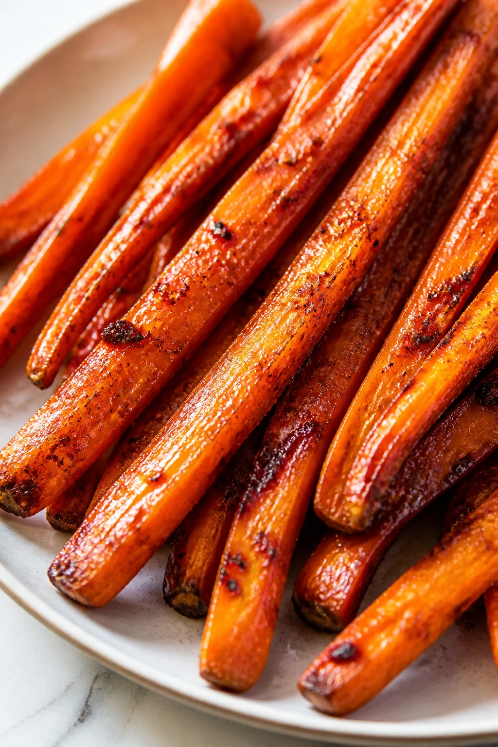 Close-up of harissa-glazed carrot spears on a plate in a clean kitchen