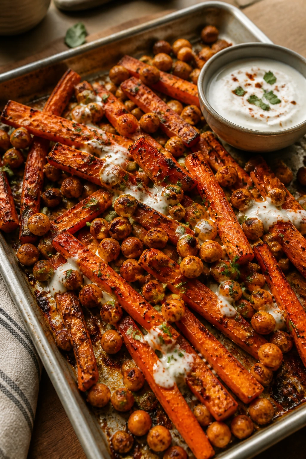Close-up of harissa roasted carrot and chickpea tray bake on sheet pan