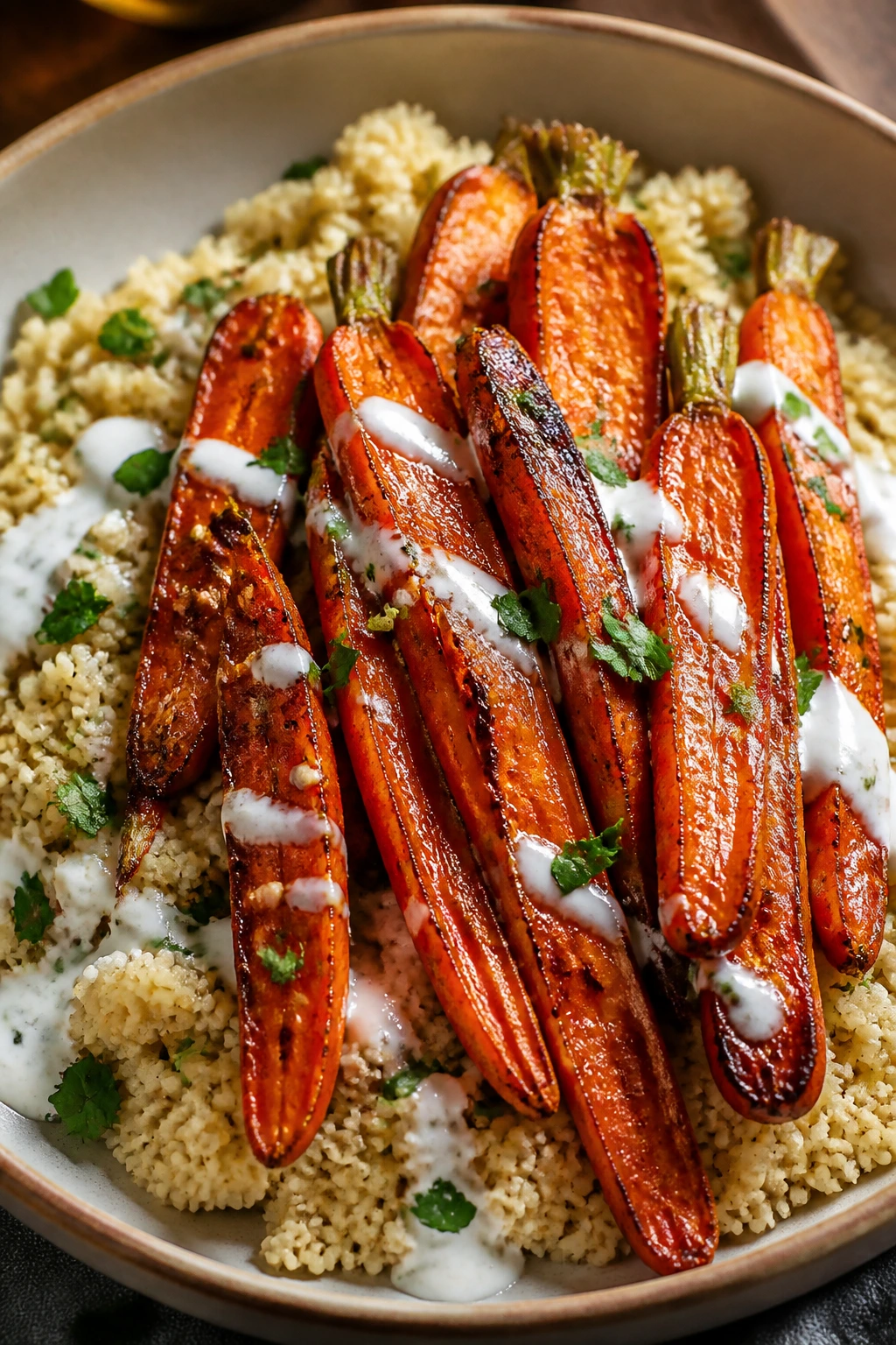 Close-up harissa roasted carrots with couscous