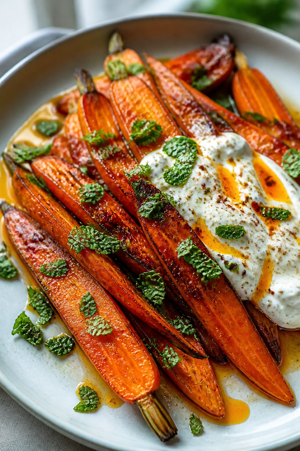 Harissa roasted carrots with yogurt on plate