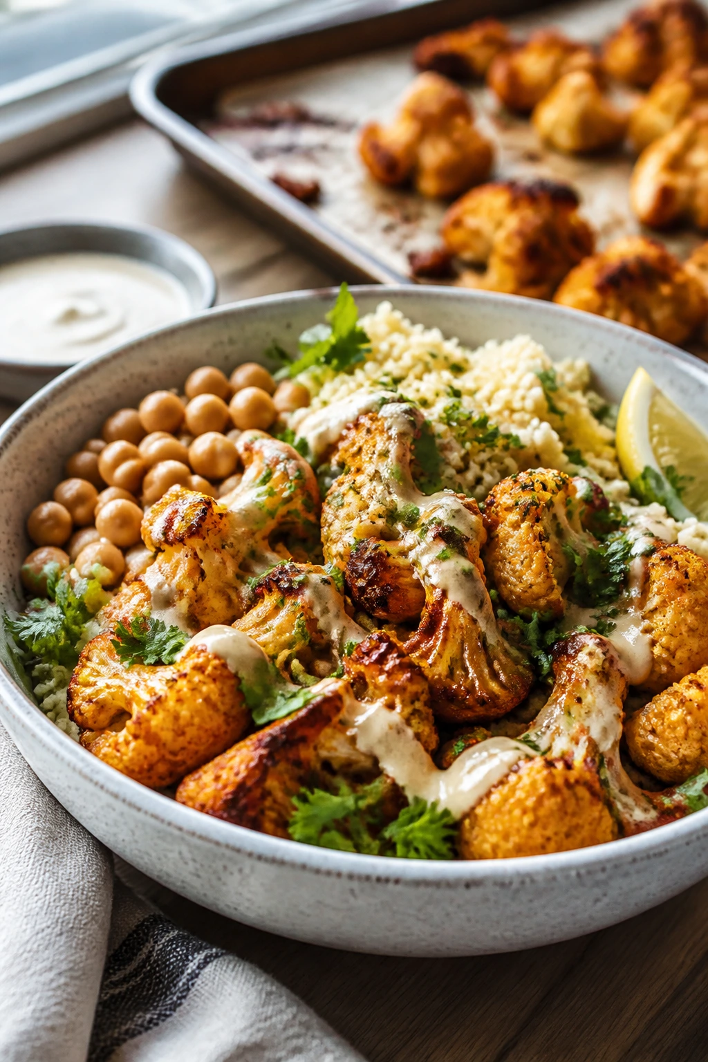 Close-up Harissa Cauliflower Couscous Bowl with roasted cauliflower, couscous, chickpeas, and tahini sauce