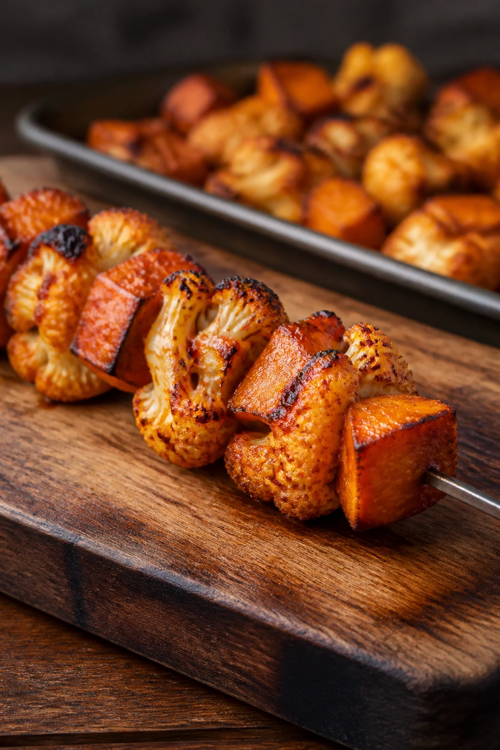 Harissa cauliflower and sweet potato skewers
