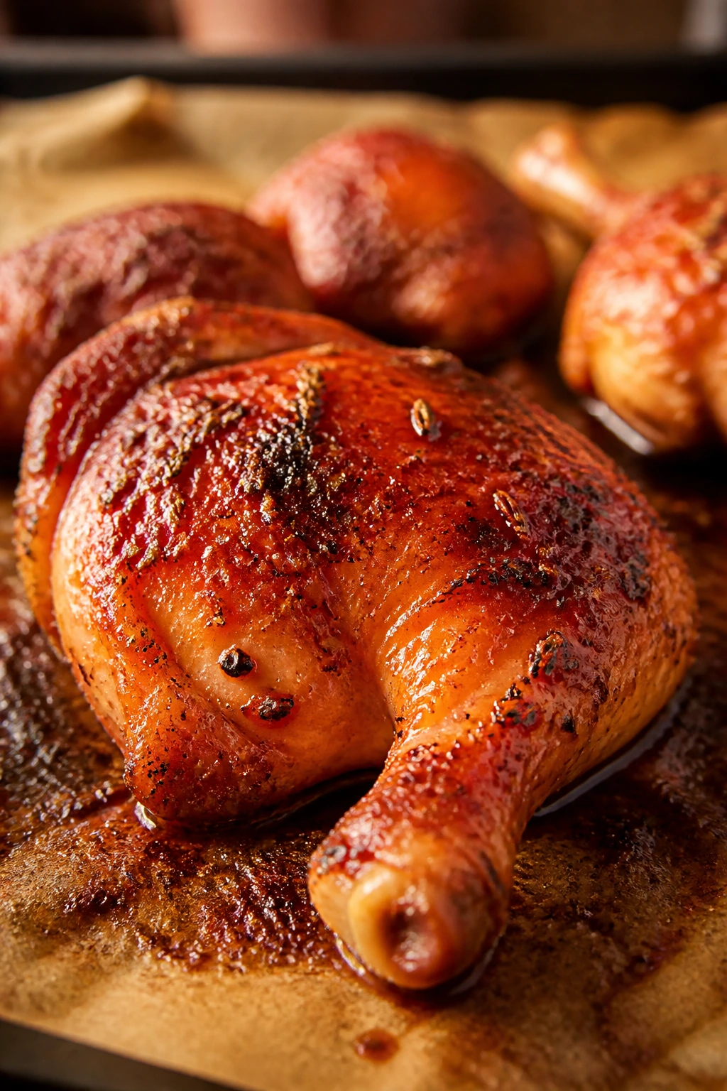 Close-up of harissa-glazed chicken leg with cumin and honey sheen