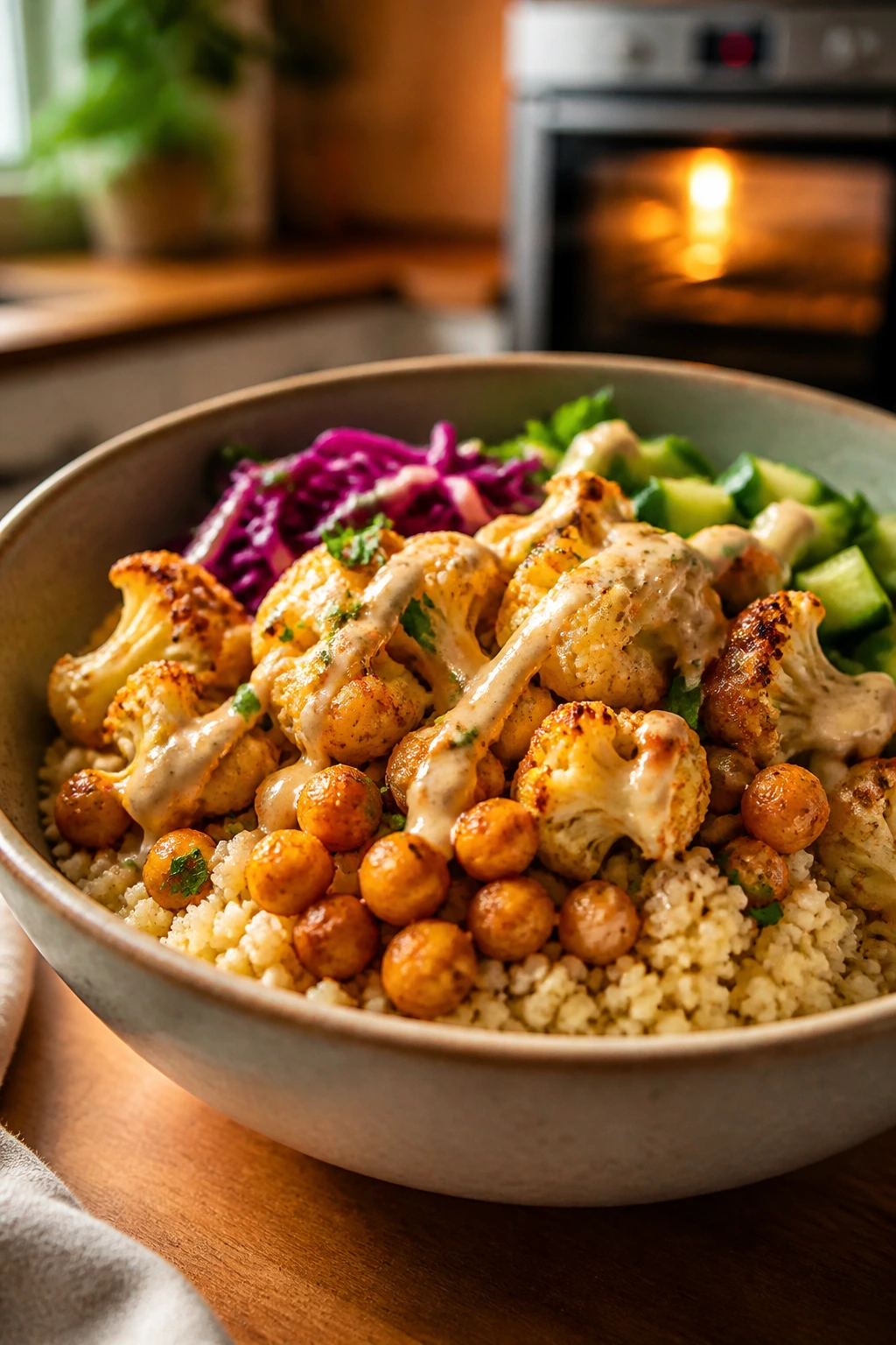 Close-up of Harissa Chickpea Couscous Bowl with cauliflower and yogurt-tahini sauce