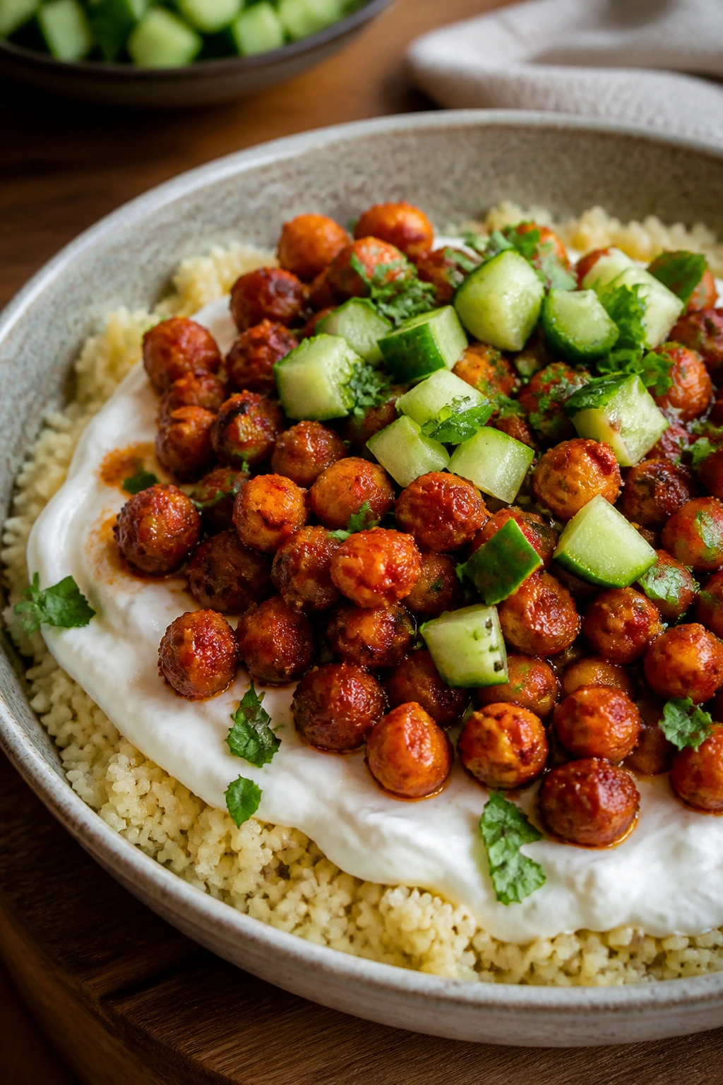 Chickpeas with harissa, yogurt, and couscous in a bowl