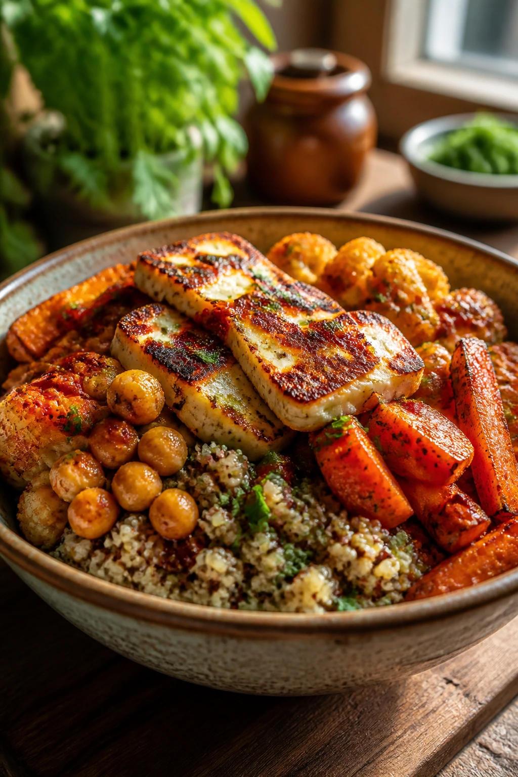 Top-down view of harissa roasted vegetable grain bowl with halloumi