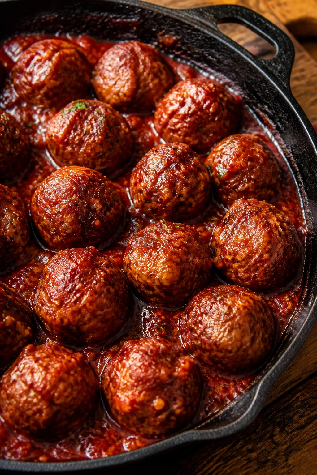 Close-up of harissa honey glazed meatballs in a cast-iron skillet