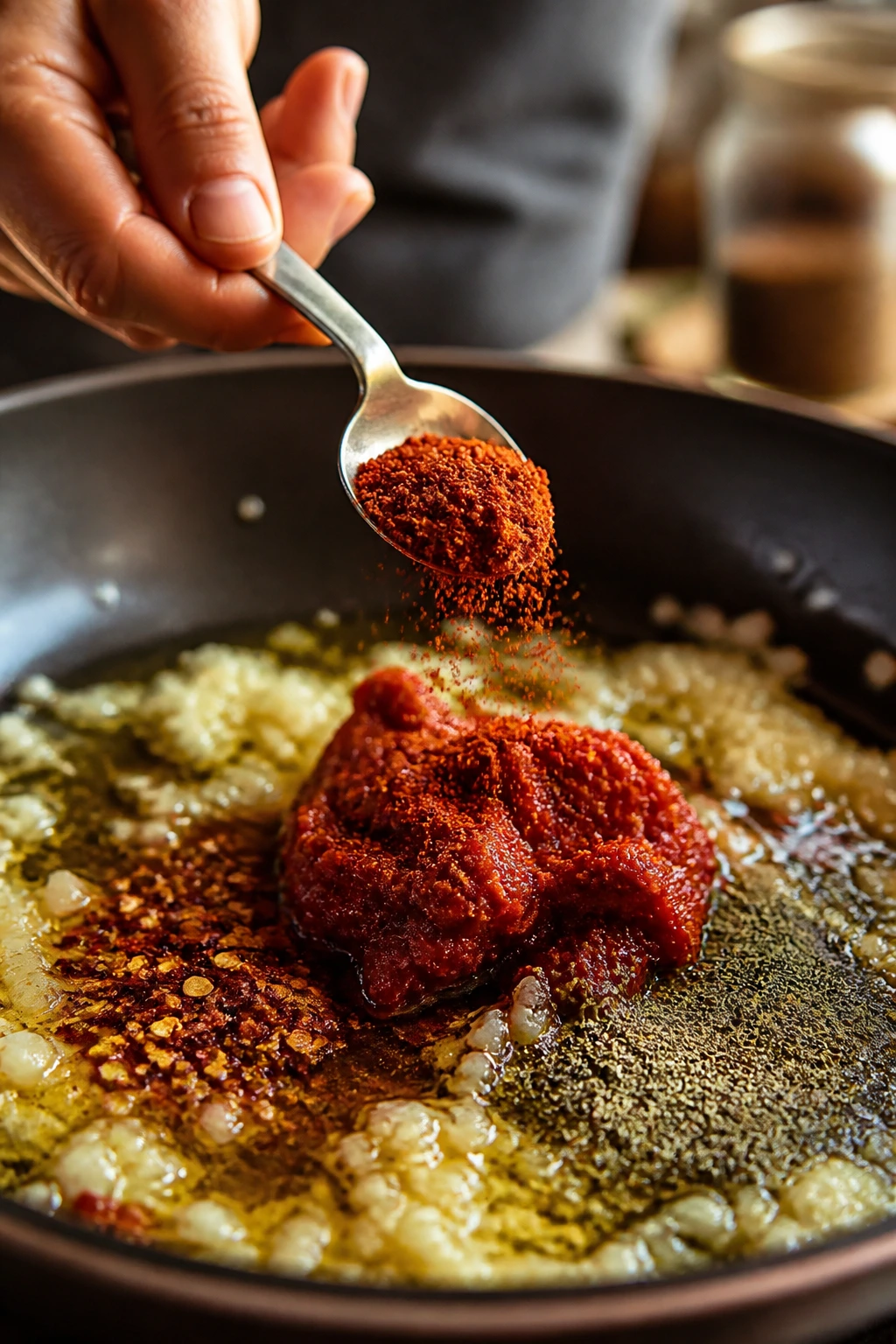 Hand adding harissa or paprika to skillet for flavor boost