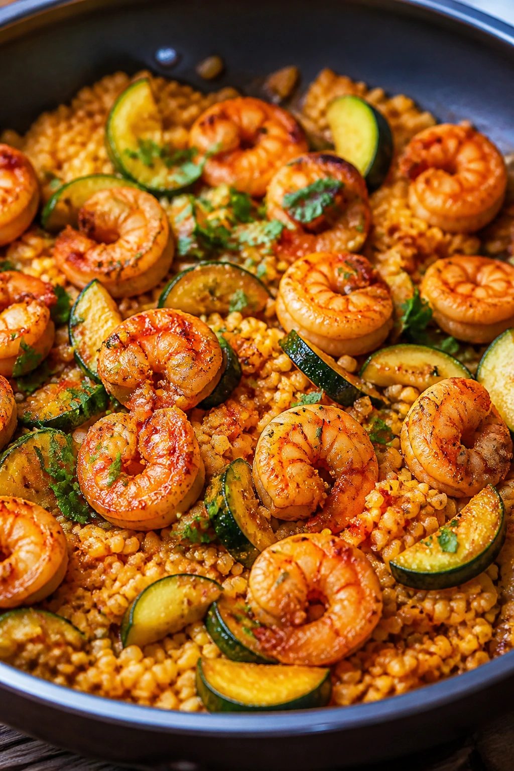 Close-up harissa shrimp couscous with zucchini
