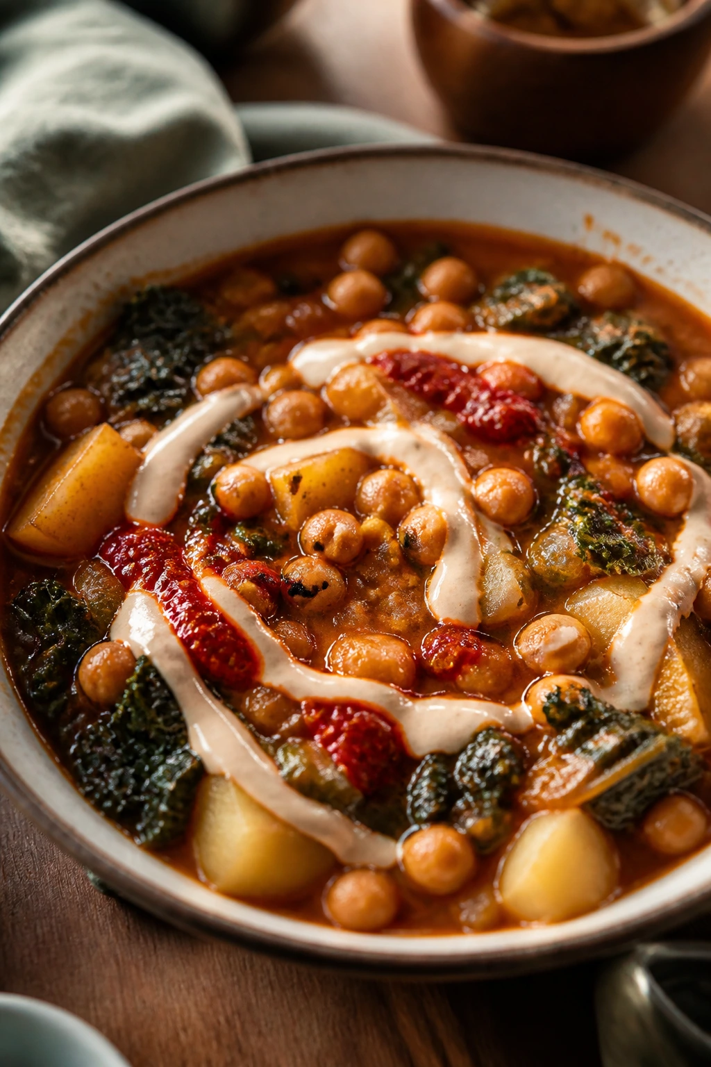 Close-up of smoky chickpea stew with harissa streak and tahini swirl.
