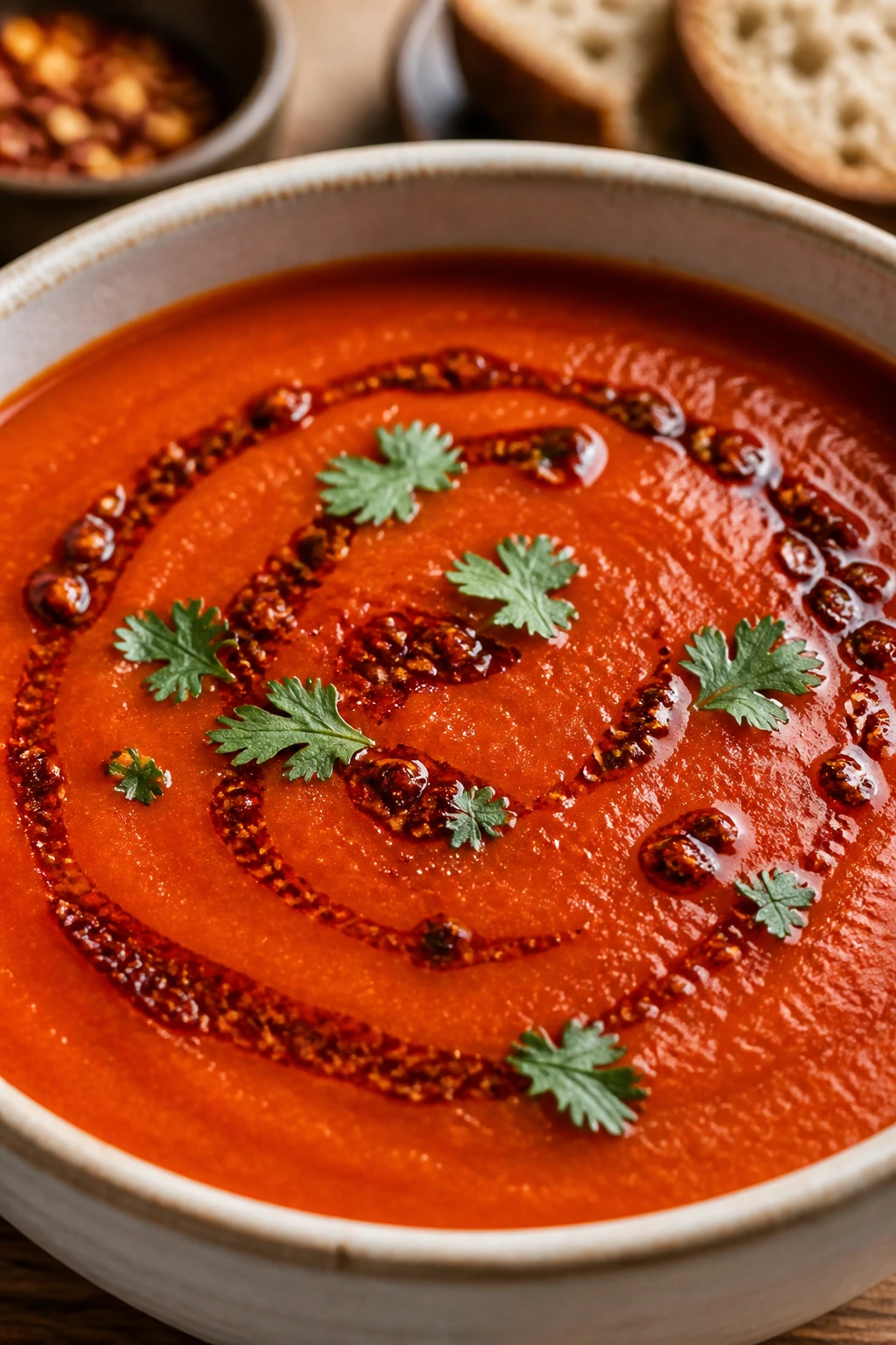Harissa-touched tomato soup with herb garnish in a bowl