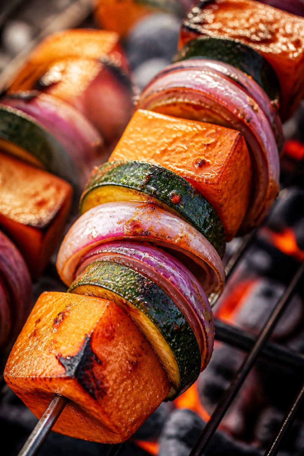 Close-up harissa-glazed sweet potato zucchini red onion skewers on grill