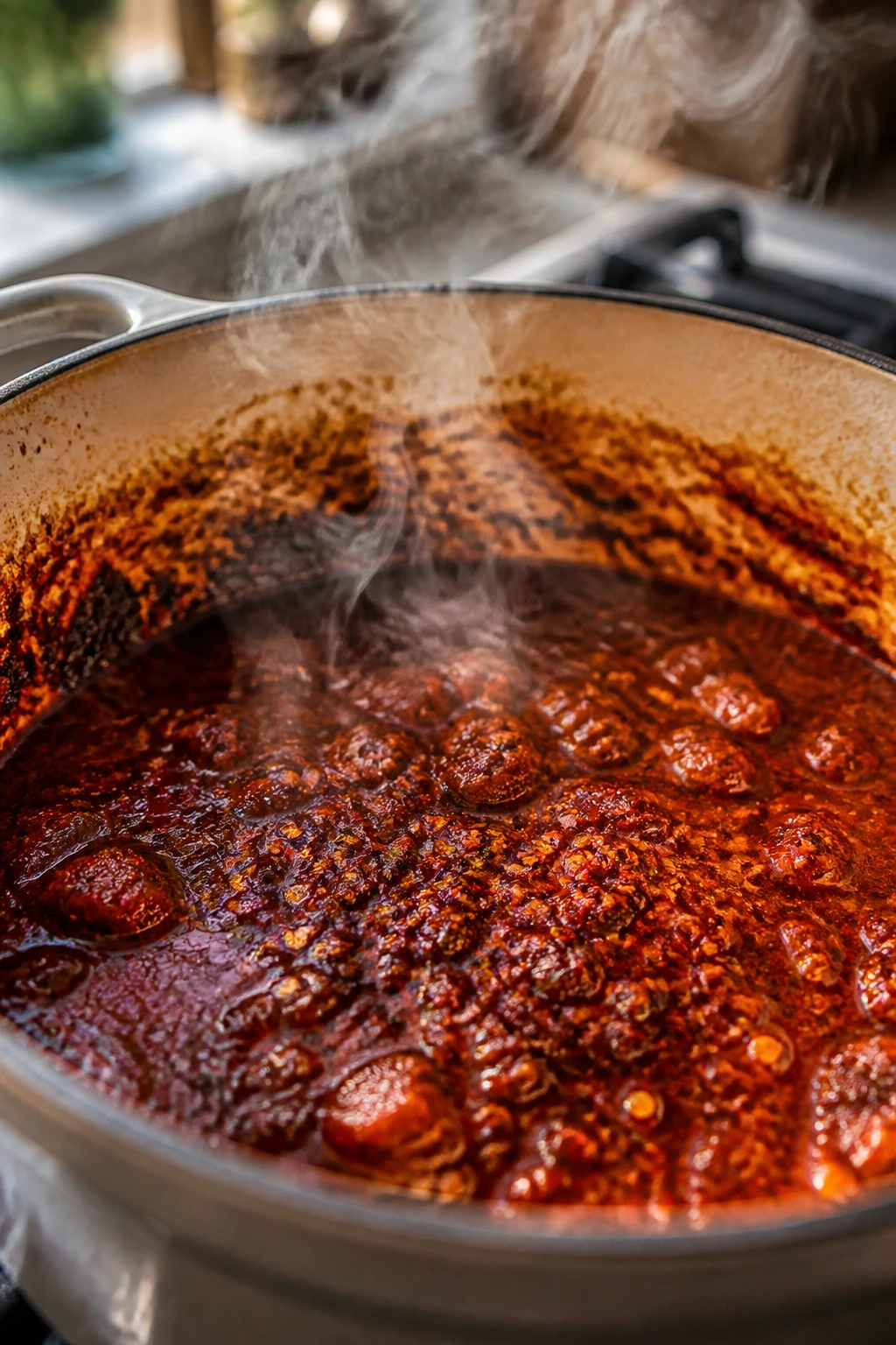Close-up of a pot showing harsh burn from chili flakes
