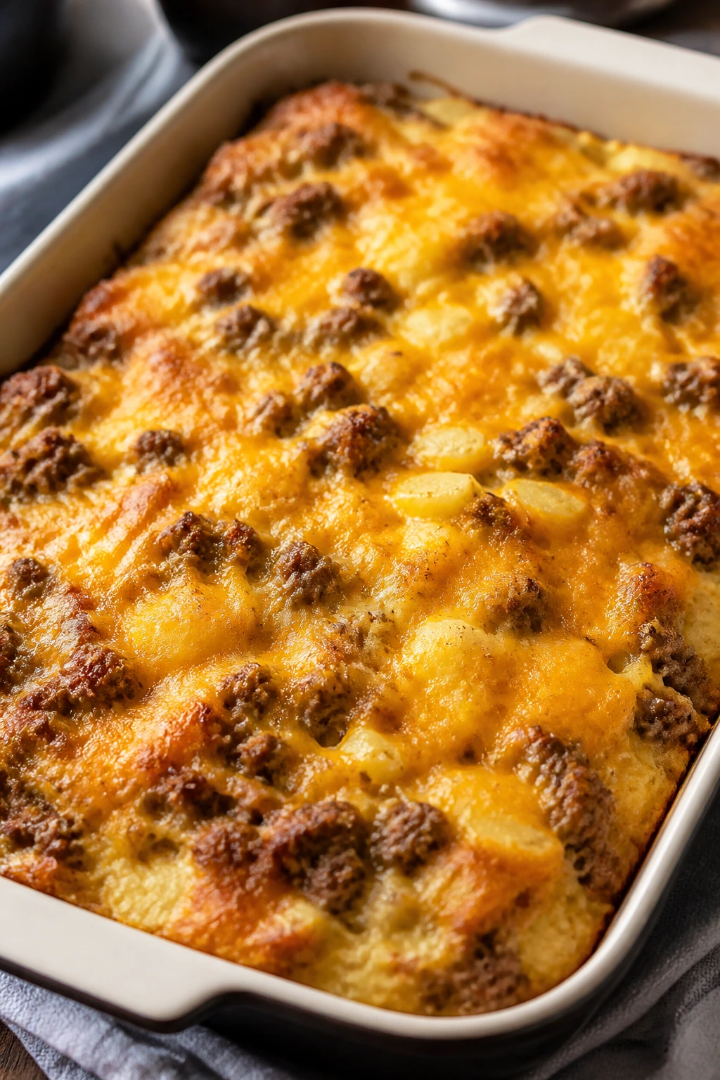 Golden baked sausage hash brown bake in a 9x13 dish