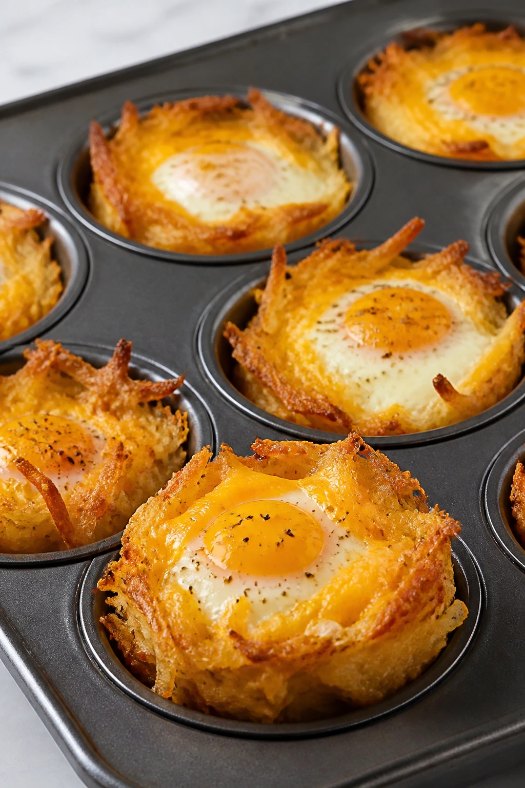 Close-up hash brown egg nests in muffin tin