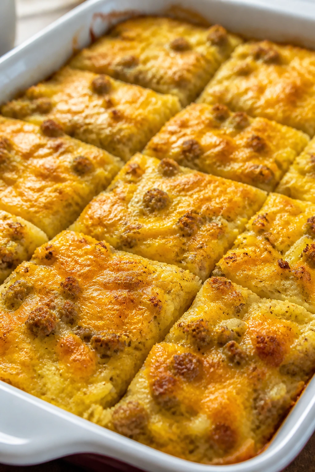 Close-up of golden hash brown breakfast casserole filling the frame