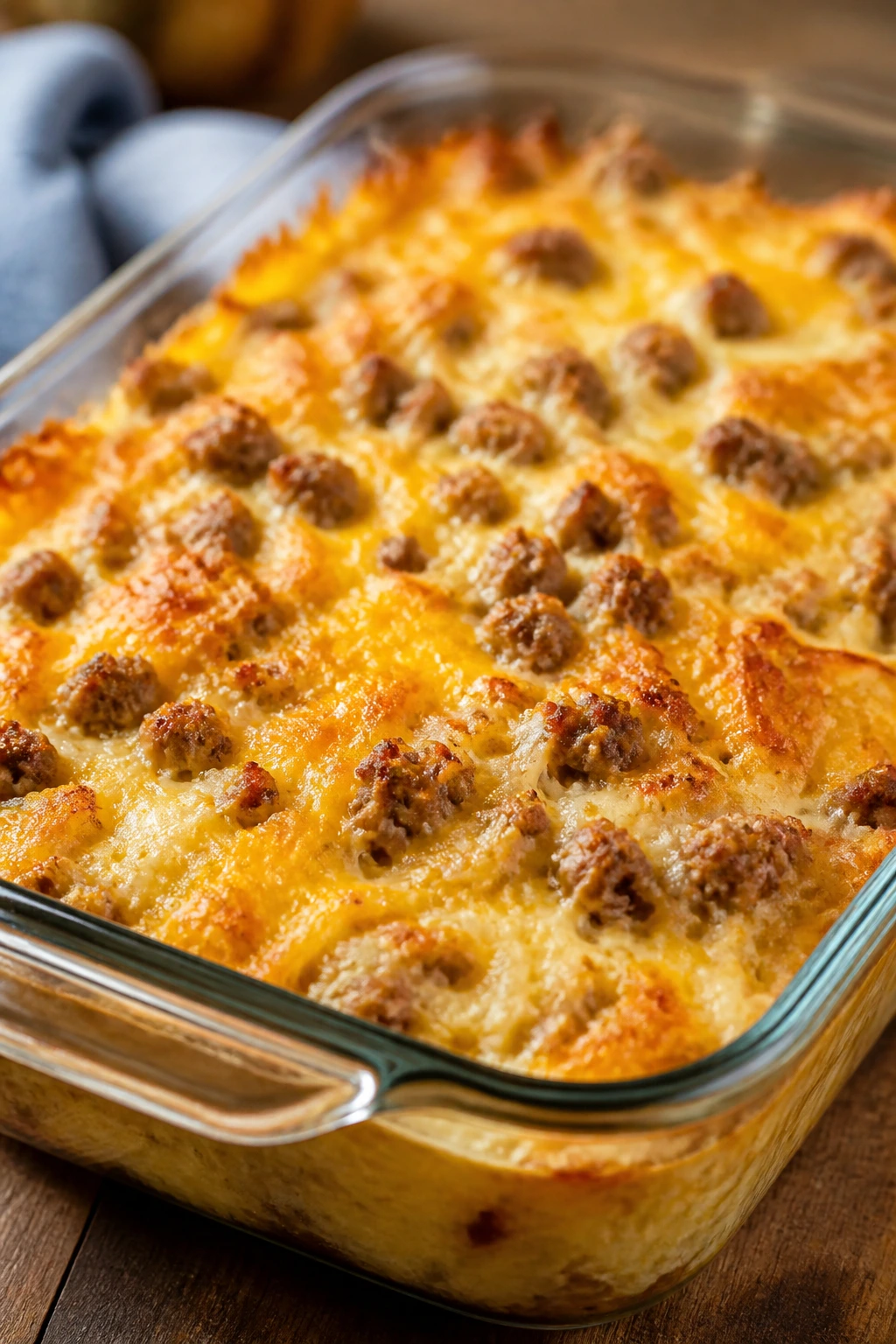 Close-up of hash brown breakfast casserole in a baking dish with golden top