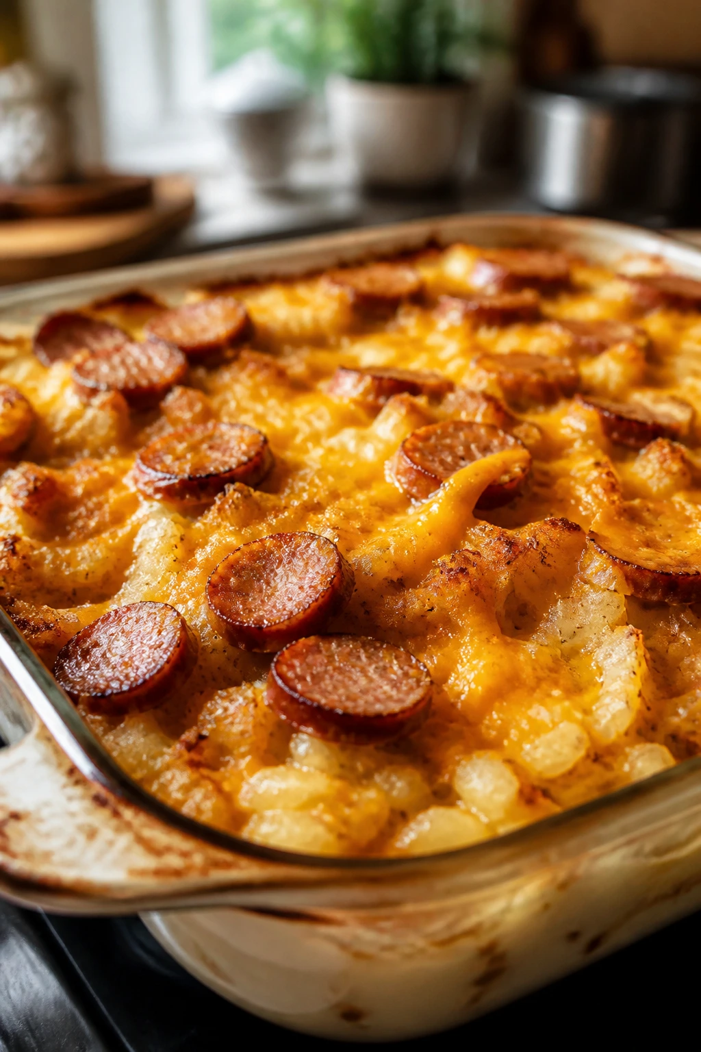 Close-up of smoked sausage hash brown casserole in a baking dish