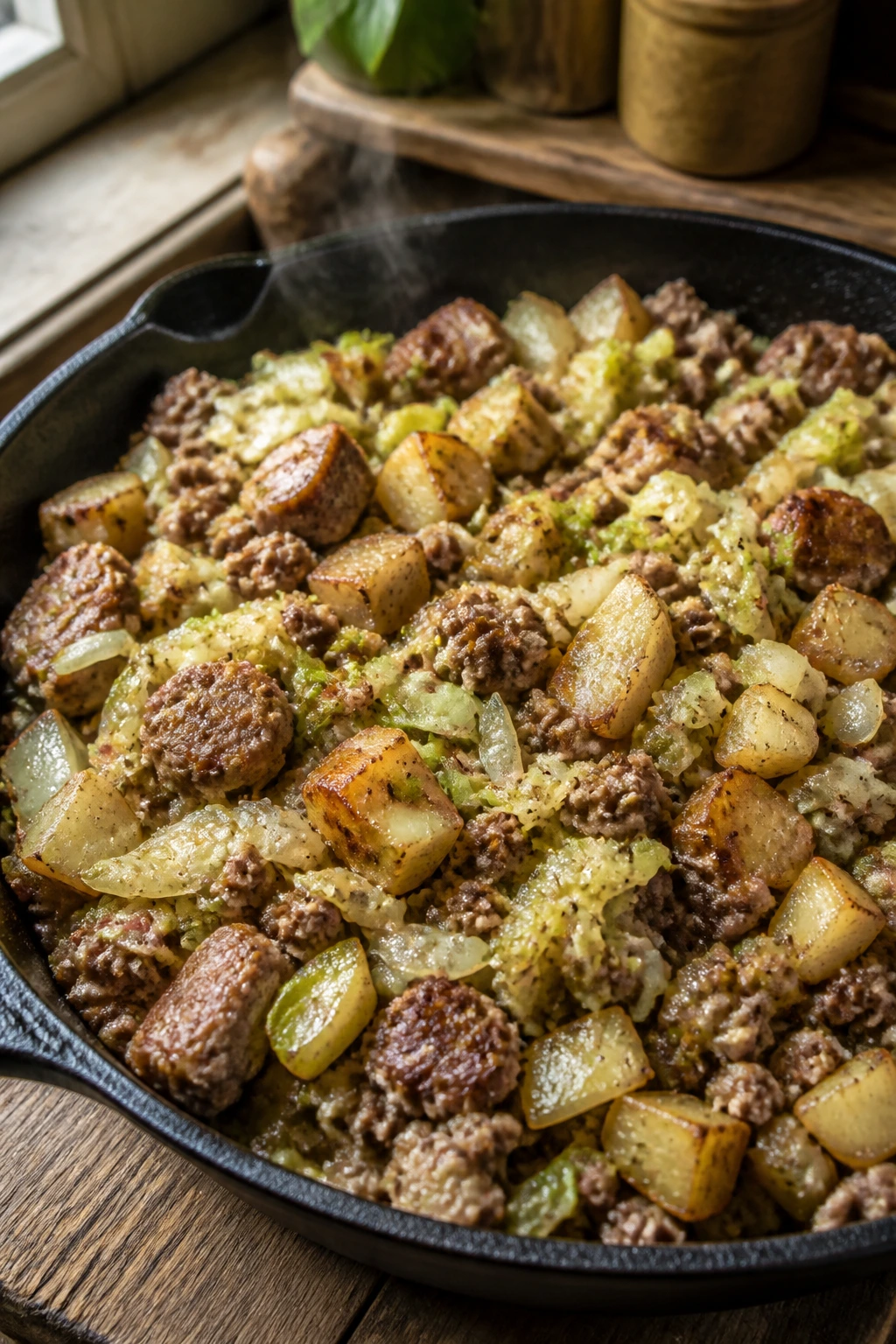 Close-up of hash with cabbage, potatoes, and beef sausage in a skillet