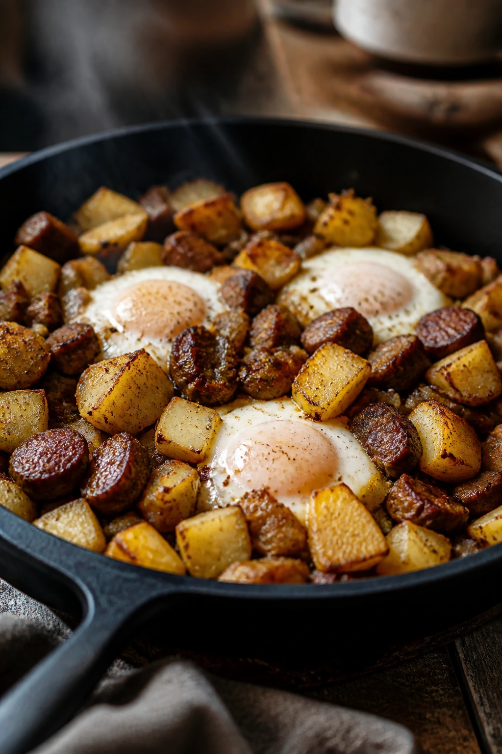 Close-up of sausage, potato, and egg hash in a skillet.