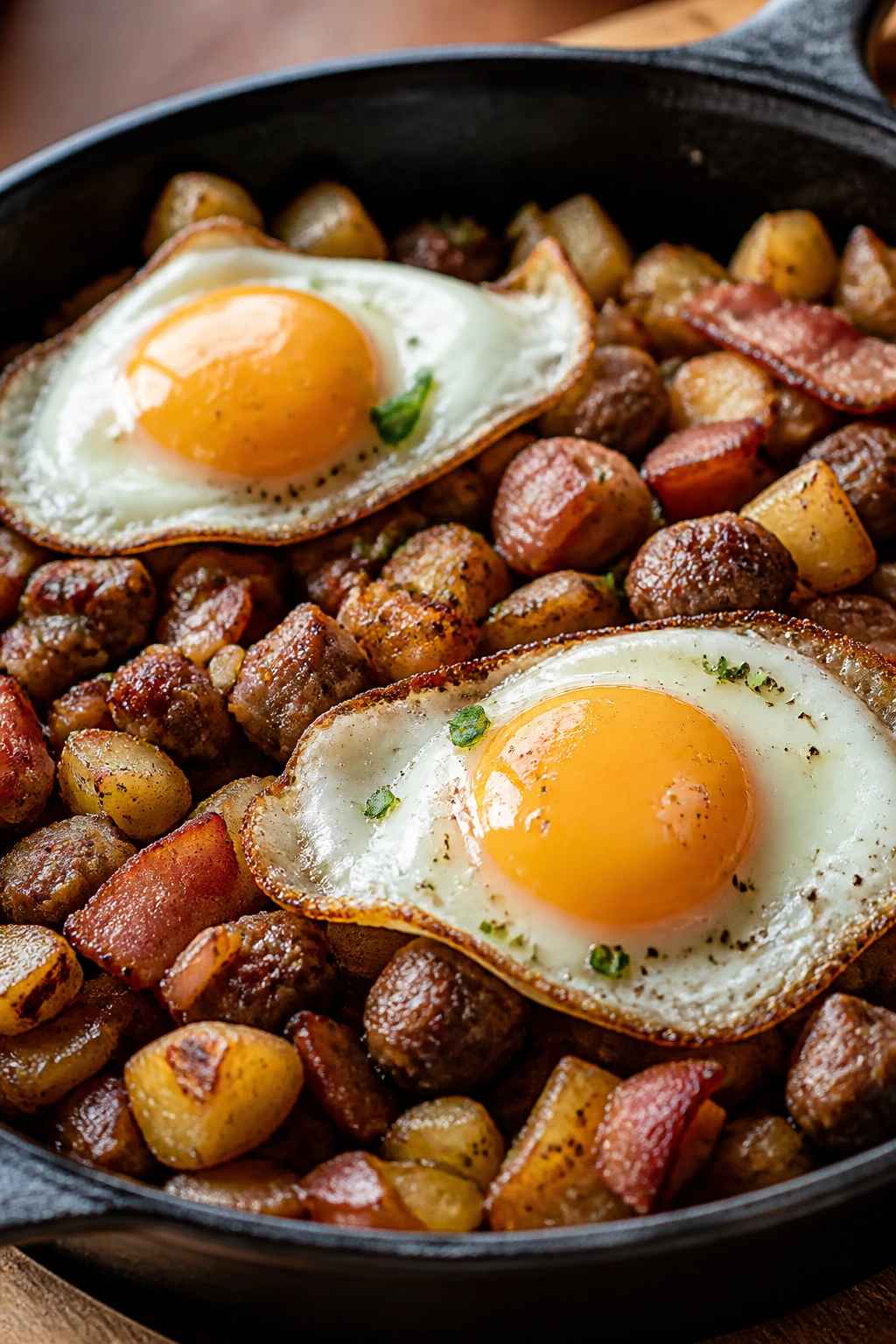 Hash with sausage bacon and fried eggs