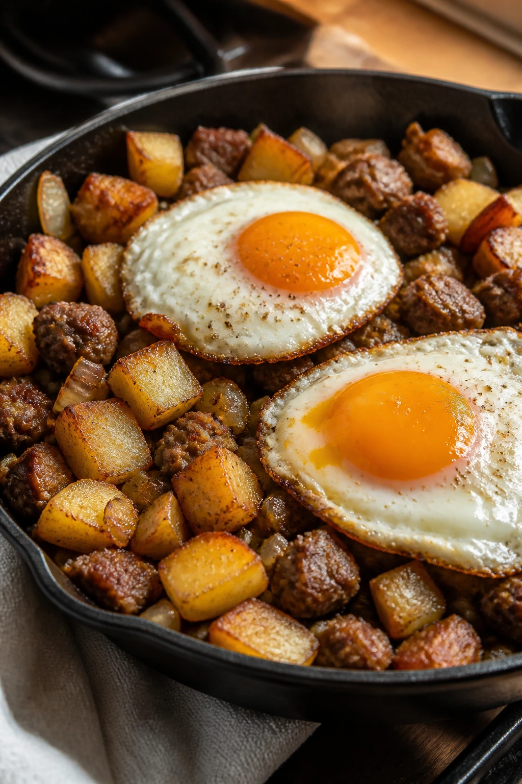 Close-up of sausage hash with fried eggs in a skillet