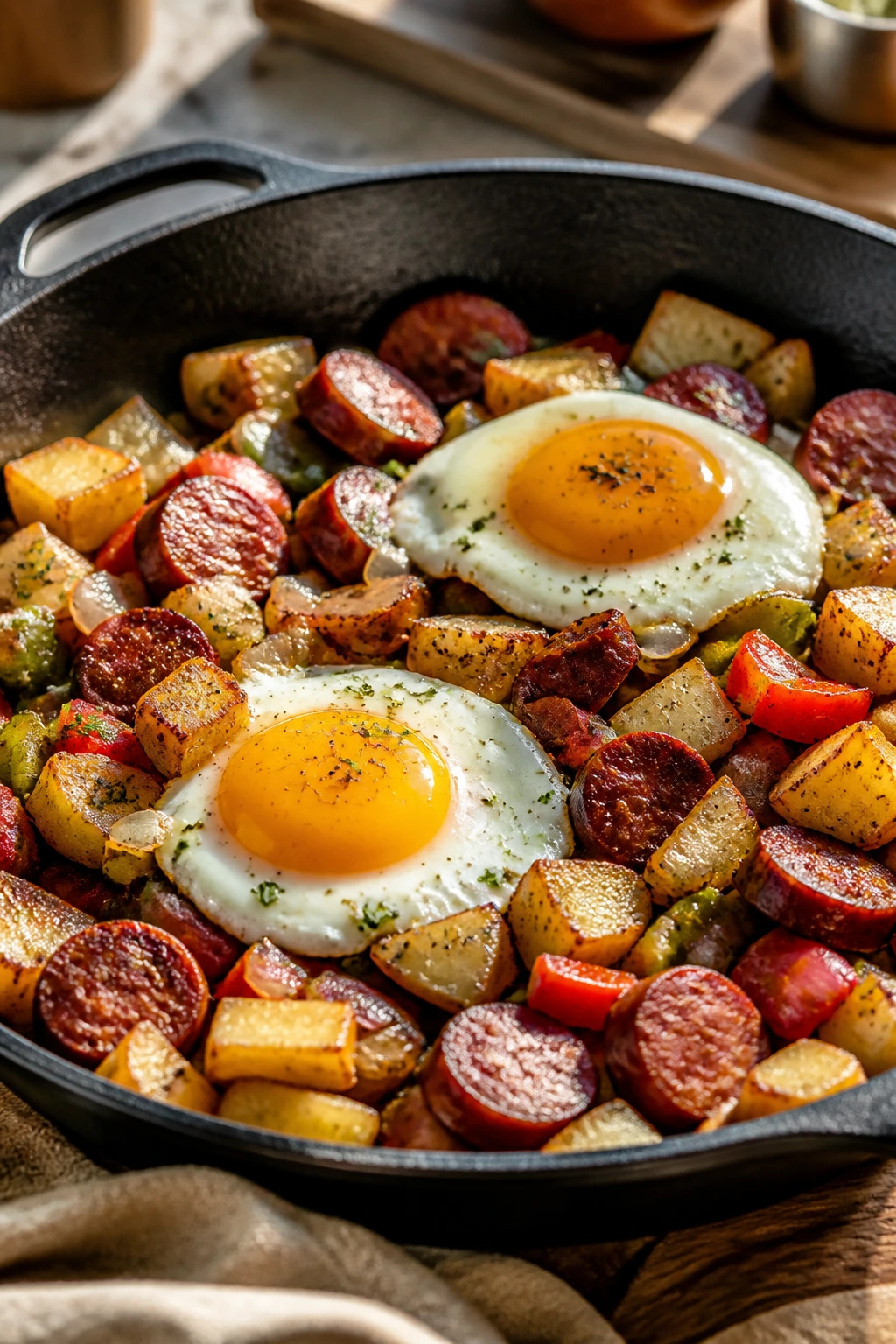 Close-up of smoked sausage hash with eggs in skillet