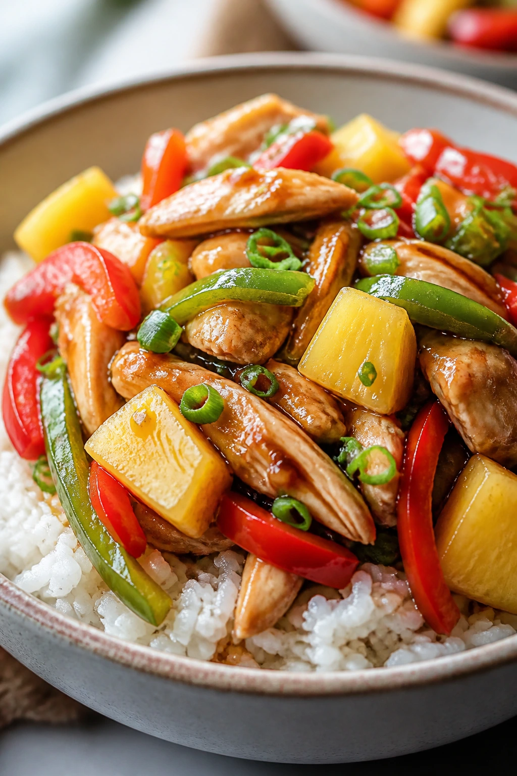 Close-up of a Hawaiian chicken bowl with pineapple, peppers, and rice.