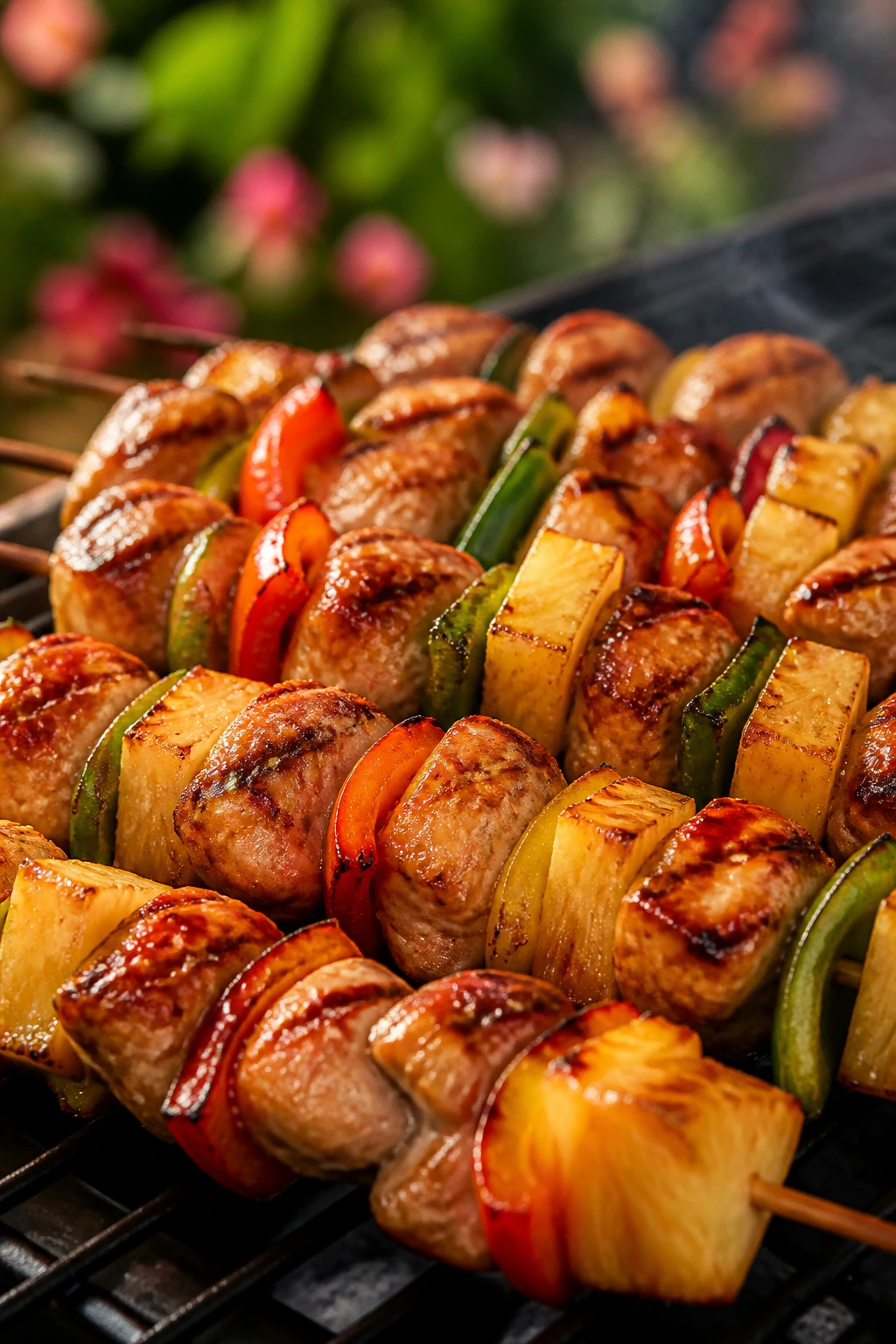 Hawaiian chicken and pineapple skewers on a grill